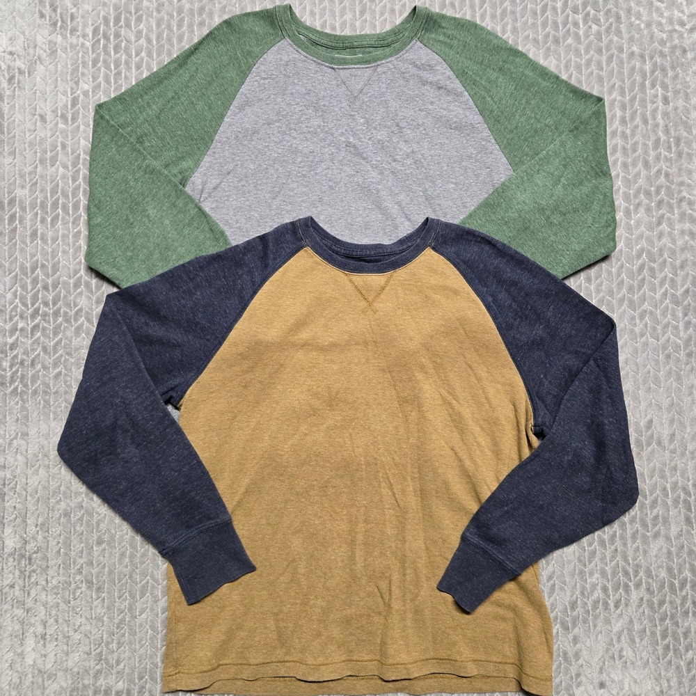 2 LL Bean Mens Raglan Double Knit Long Sleeve Shirt Green Navy Large